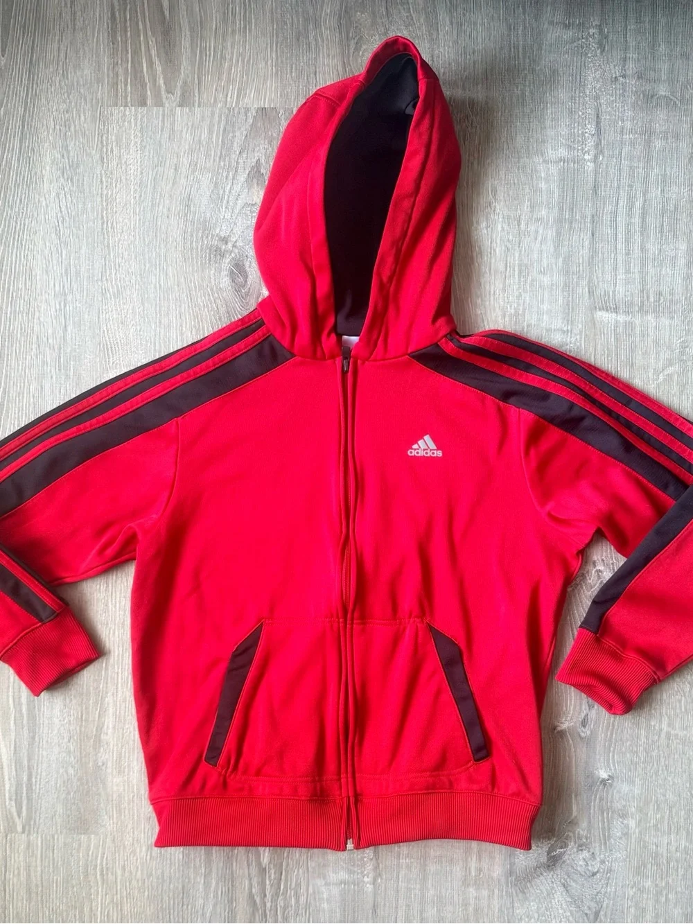 adidas Red Boys YM Hooded Zip-Up Sweatshirt with Black Stripes Silver Logo